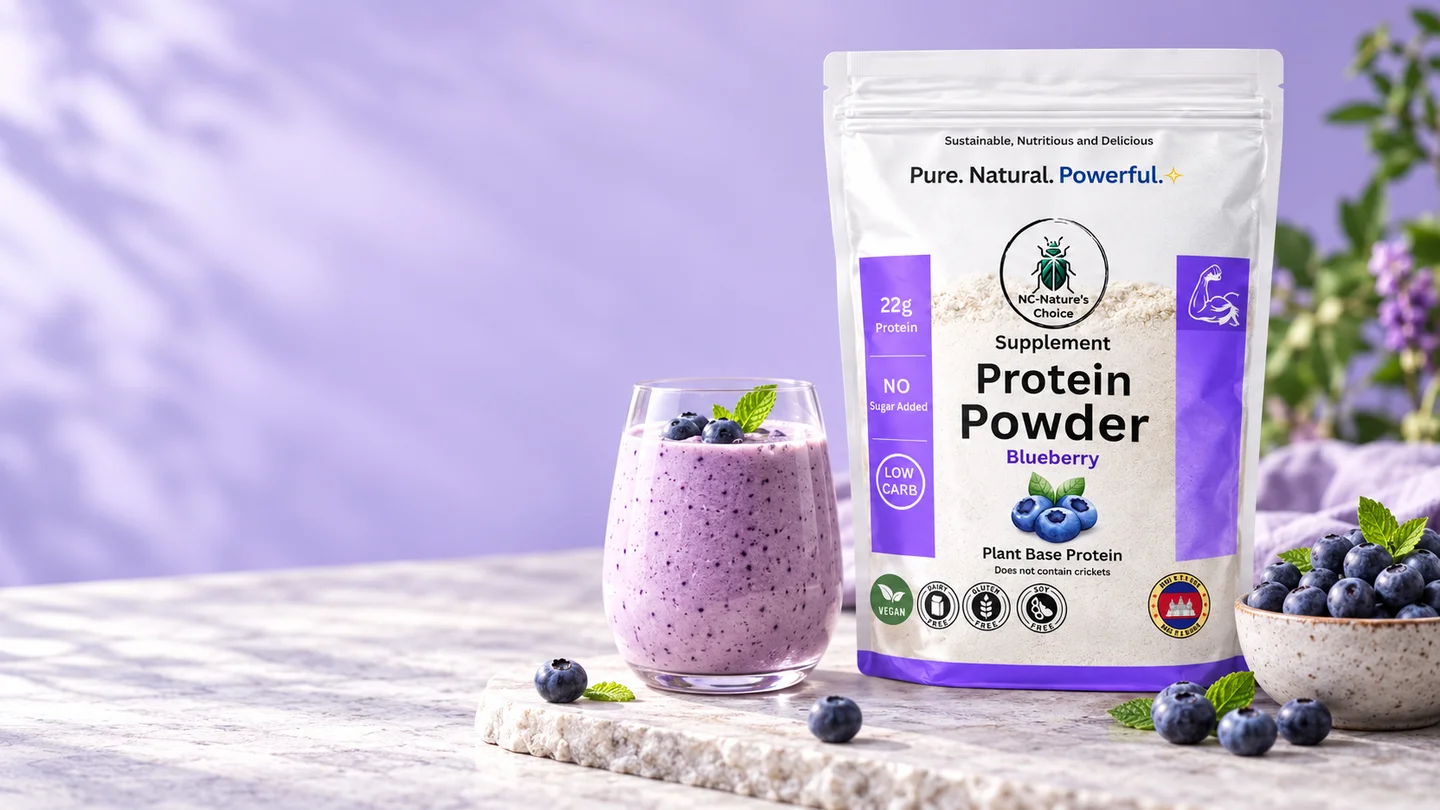 Blueberry plant protein powder with blueberries and a shake